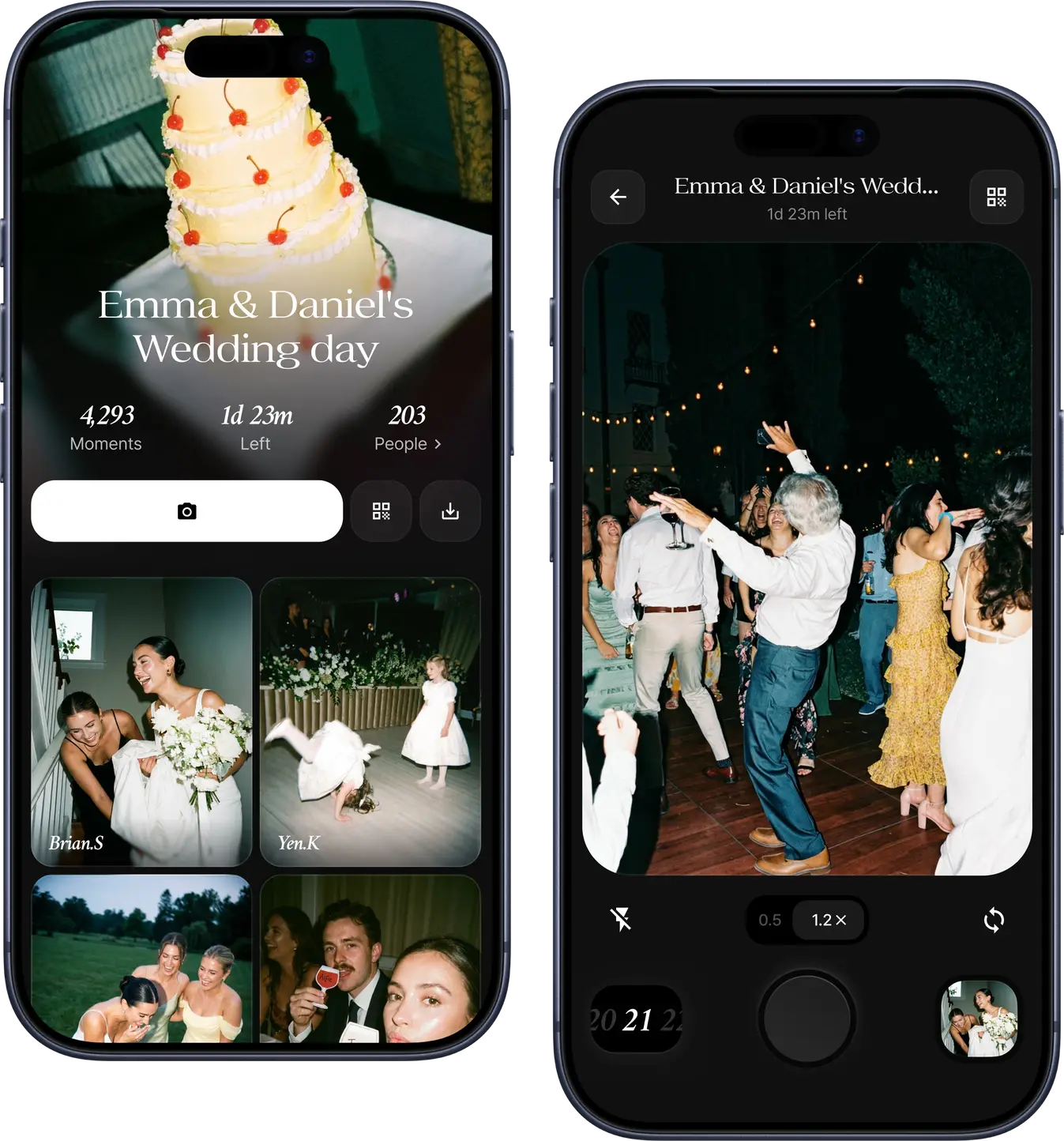 Two Once app screens showing a wedding film and the disposable camera
